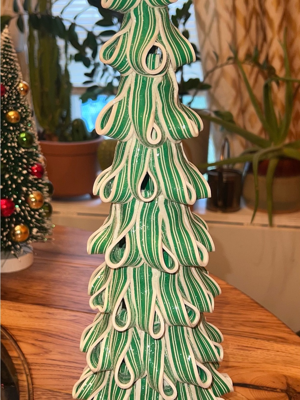 Light-Up Clay Peppermint Christmas Tree Sculpture Holiday Decor Candy Cane 17”